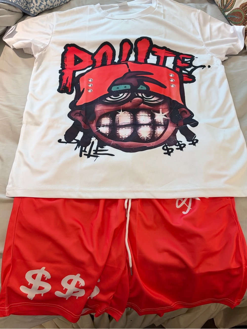 Men’s POLITE Graphic T-Shirt & Shorts Set Red White Size Large